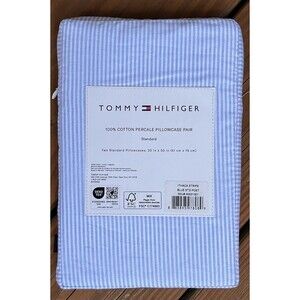 Tommy Hilfiger Standard Pillowcases Pair Ithaca Stripe Blue Cotton Percale 20x30